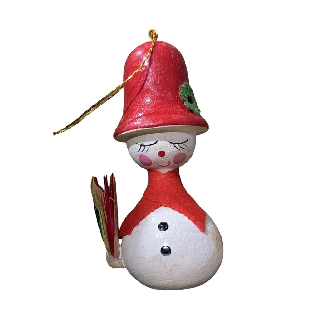 VINTAGE wooden snowman Christmas ornament hand painted Red Scarf and Hat Flower